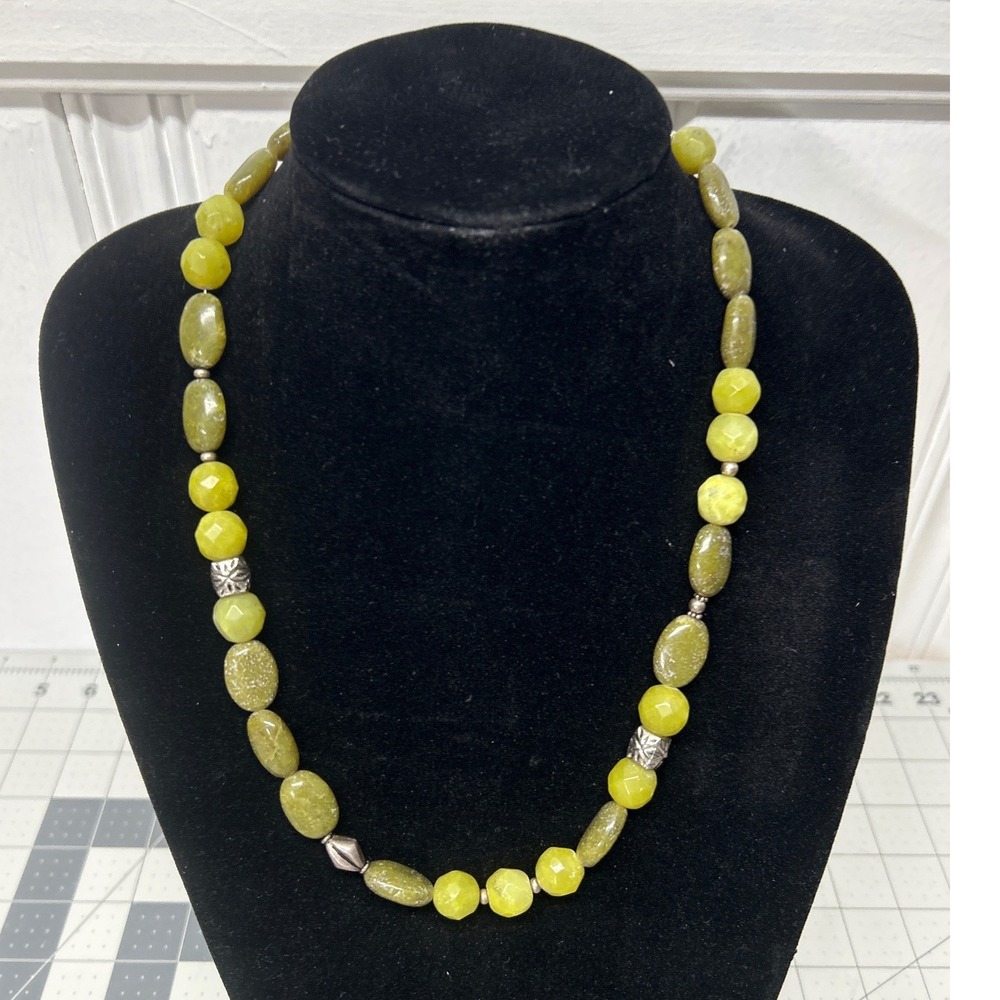 Beaded Necklace Green Stone Boho Adjustable Silver Accents Costume Jewelry